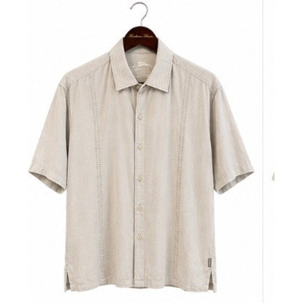 Tommy Bahama Relax Shirt Mens‎ XL Beige EUC 100% Linen Pintuck Short Sleeve